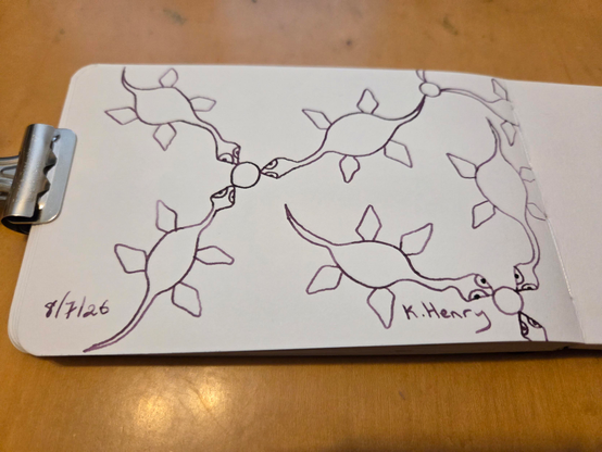 Hand drawn generative/procedural art in ink on an open page of my sketchbook. The abstract pattern looks like a network drawn with Plesiosaur motifs.