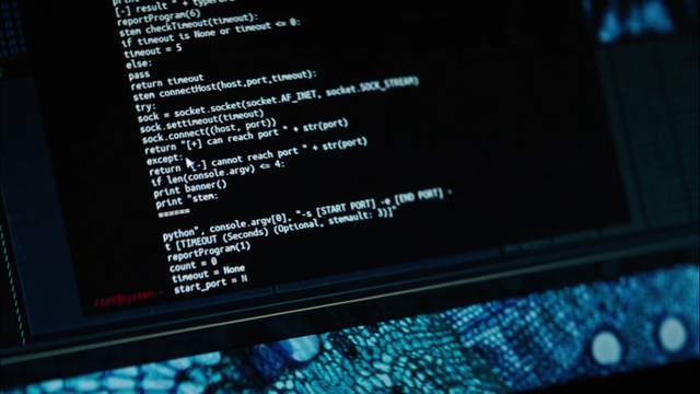 Still-frame from the movie UPGRADE (2018), close-up of a computer screen where a bunch of not-quite-Python source code is displayed. All indentation has been removed, and the word "stem" is peppered apparently randomly throughout it