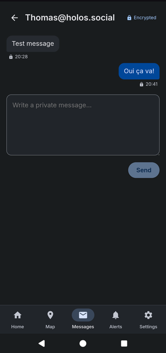 Screenshot of the same conversation in FediHood, showing an "Encrypted" label at the top and a padlock next to each message.