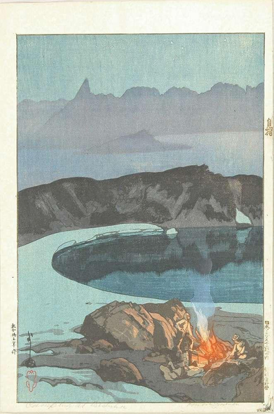 A watercolor painting of a riverside scene with a mountain background, two people camping near a small campfire by rocks.