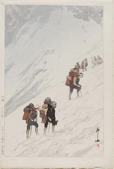 Climbers ascending a mountain trail with steep slopes, wearing backpacks and hats, in traditional Japanese watercolor style.