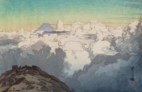 A drawing of Mount Fuji with clouds in the foreground and sky above, rendered in soft, pastel-like colors.