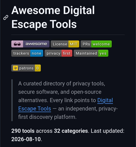 Screenshot of the Awesome Digital Escape Tools GitHub README showing privacy-focused badges and a description of the collection, with 290 tools across 32 categories.