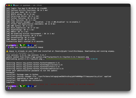 a terminal running `pipx run --python python3.14 mopup` and upgrading from 3.14.6 to 3.14.7
