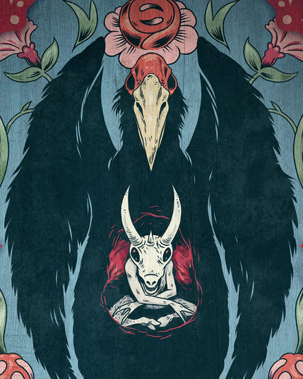 Drawing depicting a large black bird with a strong beak with a smaller humanoid goat-like creature in its belly. On the background, traditional apline floral decorations and found on old wooden furniture.