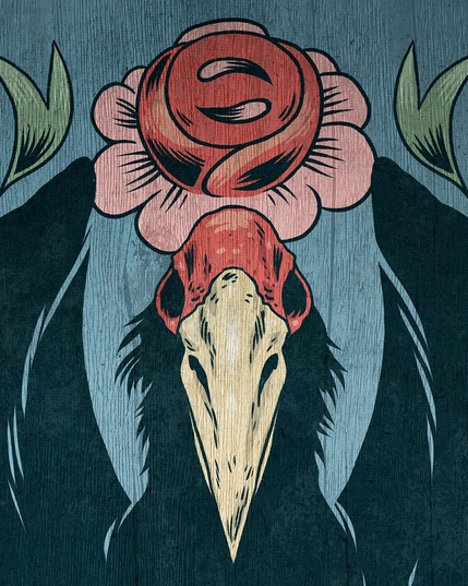 A detail of the previous illustration that shows the head of the bird and a large rose behind its head.
