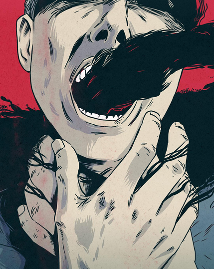 A drawing showing a man holding his throat with both hands, while black smoke enters, or exists his open mouth.