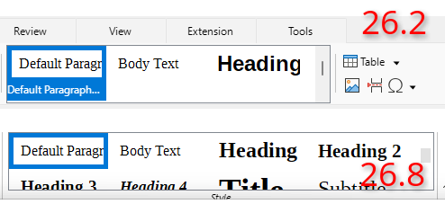 Screenshot of LibreOffice 26.2 and 26.8, showing the better styles display