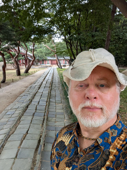 A selfie of Jim in front of a stone-paved path and trees, leading to Jongmyo Shrine in the background