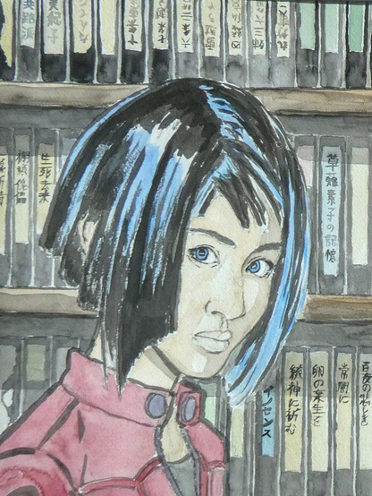 A young woman with blue-black hair cut to fall around the face but stop above the shoulders and cut up shorter at the back. She has East-Asian features but blue eyes. Her head is tilted down and she is looking at the viewer with a questioning, somewhat uneasy expression. She is wearing a biker jacket in a pale purplish red with zippered pockets on the front and the arm. Behind them are shelves with boxes for video tapes. Each is labelled with an inscription in Japanese.