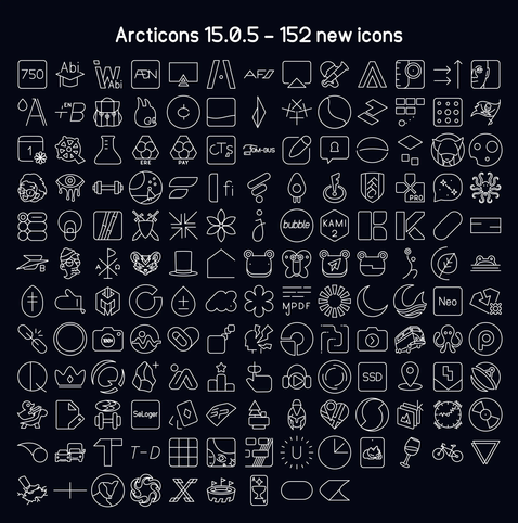 Visual changelog with all the new app icons in a line style. At the top is the text "Arcticons 15.0.5 - 152 new icons"