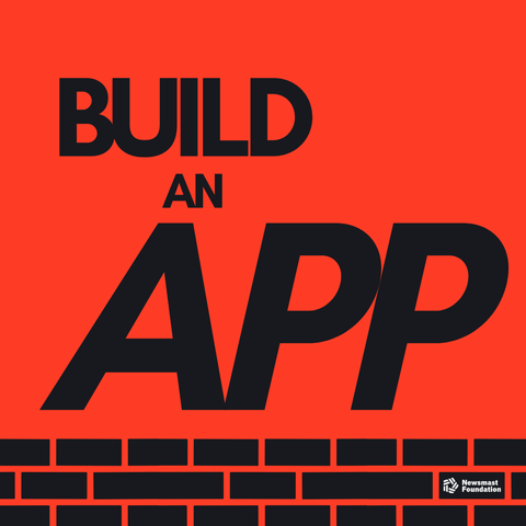 An orange graphic with a black brick wall design at the bottom. Above the wall, text reads "Build an App'.