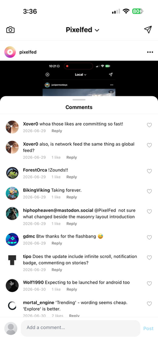 New Pixelfed mobile app home feed with the new comments sheet open
