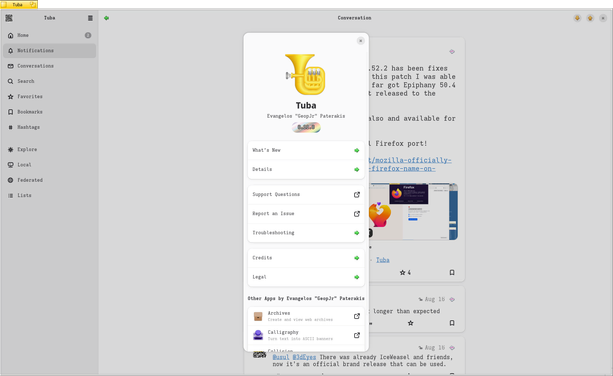 Latest release for Tuba 0.11.0 (GNOME/GTK4) running on Haiku 64bit nightly.