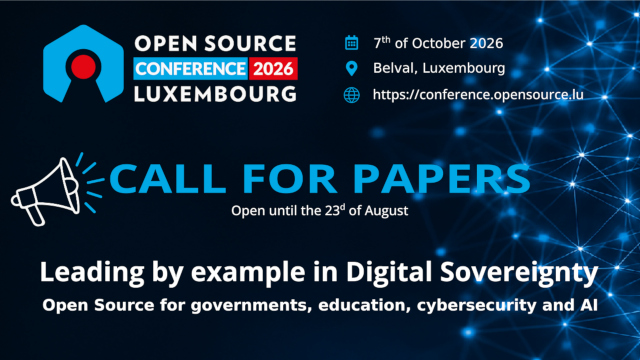 Banner of the Call for Papers of the Open Source Conference Luxembourg with a deadline of the 23d of August 2026 for the submission of talks.
