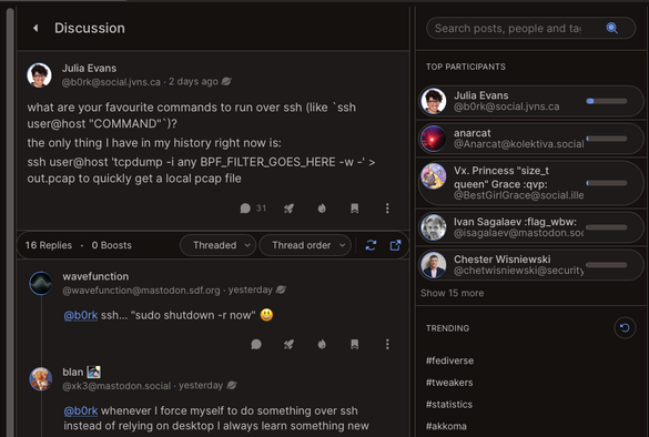 Screenshot of a discussion thread in Bonfire Social, dark mode. The right sidebar shows a "Top Participants" panel listing five people in the thread by avatar, display name, and handle, each with a horizontal bar showing how much they've posted relative to the others. 