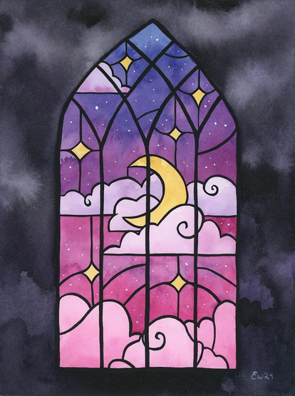 Watercolor painting of a stained glass window of clouds and a crescent moon in shades of pink and purple