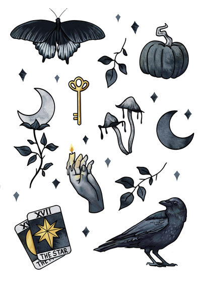 A collection of dark and witchy objects with watercolor texture in shades of black and grey. Featuring a raven, tarot cards, a hand candle, a key, a pumpkin, a butterfly, leaves, ink cap mushrooms and crescent moons