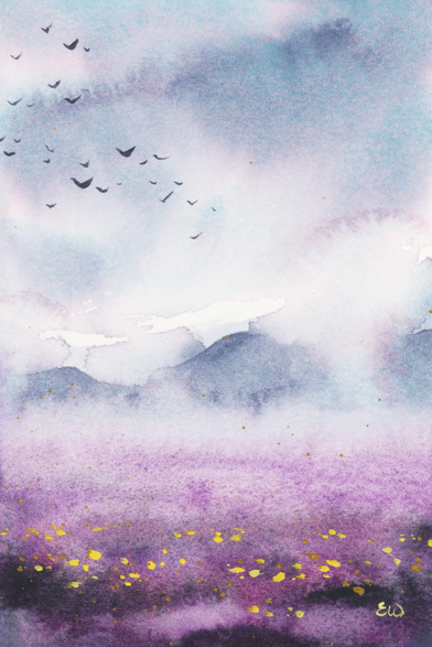 A loose watercolor painting of a foggy landscape with a flower field and mountains, in shades of purple and greyish blues