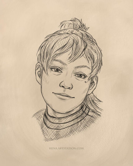 A scribbly sketch portrait of a woman on a beige-tan colored background. She has her hair drawn back in a ponytail, is wearing a suit of plate armor, and has a neutral, somewhat benevolent look on her face.