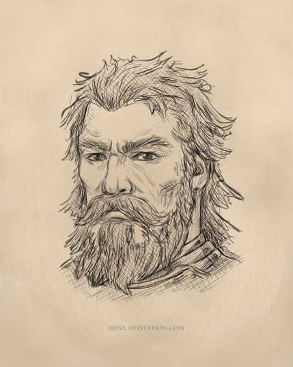 A scribbly sketch portrait of a man on a beige-tan colored background. He has short, messy hair, a full beard, is wearing a suit of plate armor, and has a stern look on his face.