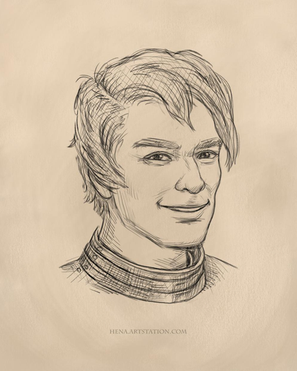 A scribbly sketch portrait of a man on a beige-tan colored background. He has short, messy hair, is wearing a suit of plate armor, and has a slight smile on his face.