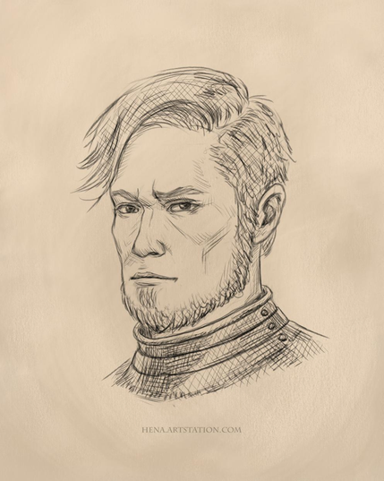 A scribbly sketch portrait of a man on a beige-tan colored background. He has his short hair combed to one side, is wearing a suit of plate armor, and has a slight scowl on his face.