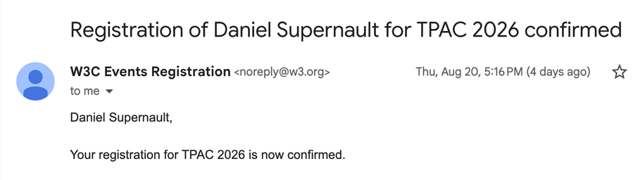 Confirmation email about TPAC 2026