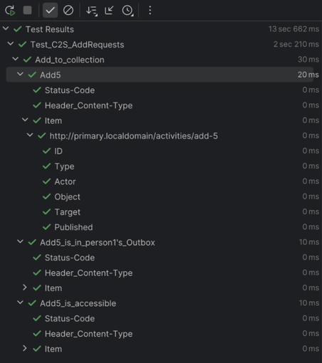 Screenshot of the green statuses of the tests mentioned in the post:

Test Results 13sec 662ms
+ Test_C2S_AddRequests 2sec 210ms
  + Add_to_collection 30ms
    + Add 20ms
    + Status-Code 0ms
    + Header_Content-Type 0ms
    + Item 0ms
       + http://primary.localdomain/activities/add-5 0ms
         ID 0oms
         Type 0ms
         Actor 0ms
         Object 0ms
         Target 0ms
         Published 0ms
  + Add_is_in_person1's_Outbox 10ms
    + Status-Code 0ms
    + Header_Content-Type 0ms
      Item 0ms
  + Add_is_accessible 10ms
    + Status-Code 0ms
    + Header_Content-Type 0ms
      Item 0ms