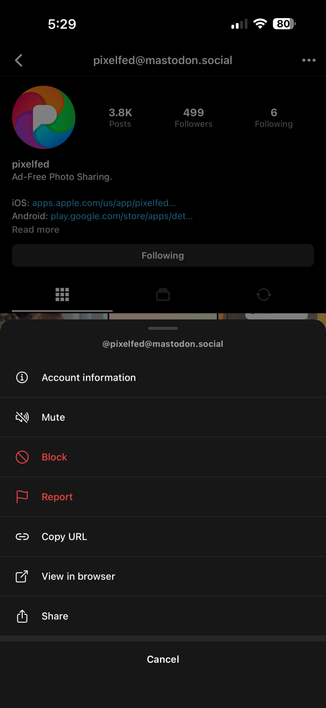 New Pixelfed mobile app screenshot of a profile with the new menu
