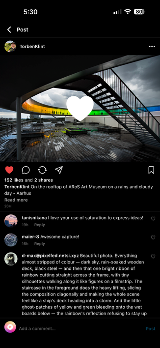 New Pixelfed mobile app screenshot of a post with comments underneath the post
