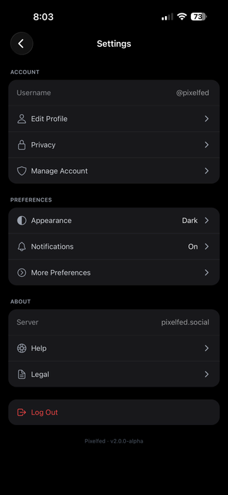 New pixelfed mobile app settings screen