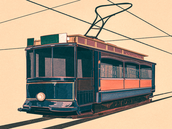 Partially finished drawing of an old antique Amsterdam street car tram. It's primarily blue with some warmer toned accent colors.