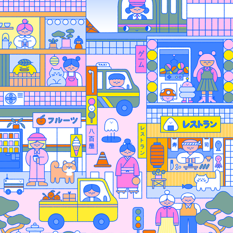 illustration of a piece tokyo japan with a lot of fun characters and details in bright colours