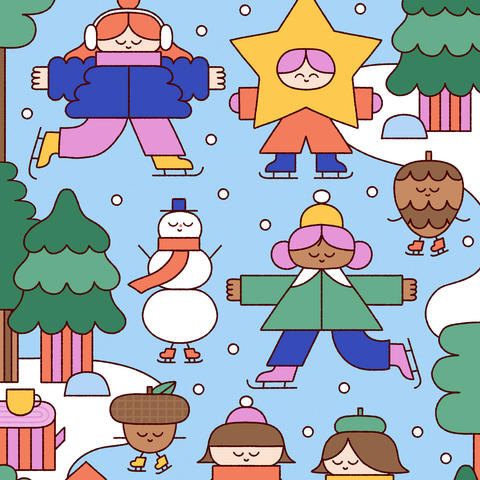 wintery illustration of a lot of fun characters iceskating on a lake in the forest