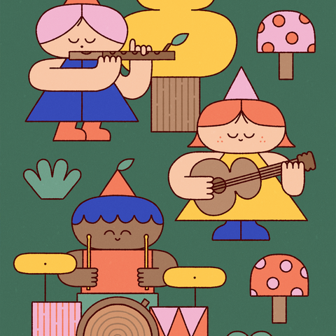 illustration of a cute band playing in the forest wearing pointy hats! surrounded by trees and mushrooms