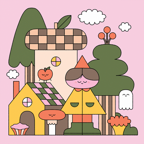autumn illustration of a character in the woods surrounded by cute houses and acorns and trees and a friendly ghost
