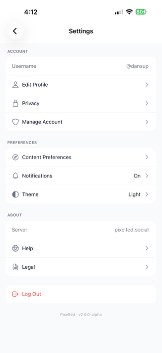 New Pixelfed mobile app Settings screen
