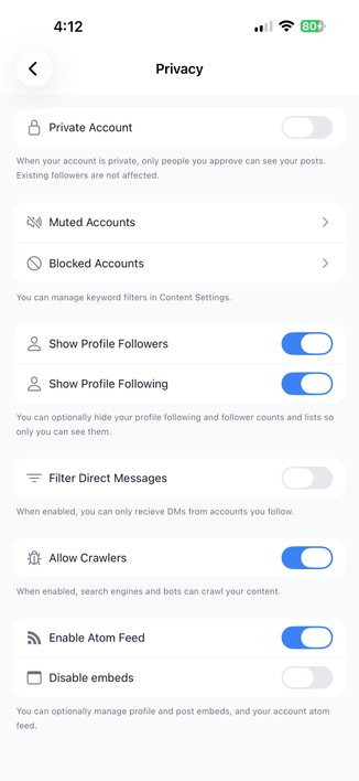 New Pixelfed mobile app Privacy Settings screen