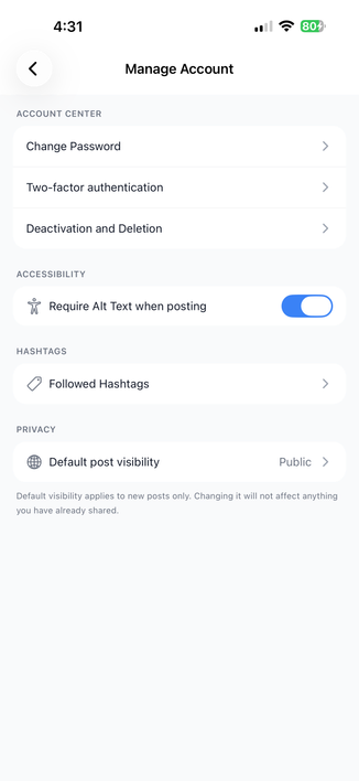 New Pixelfed mobile app Manage Account settings with the Require Alt Text when posting setting.