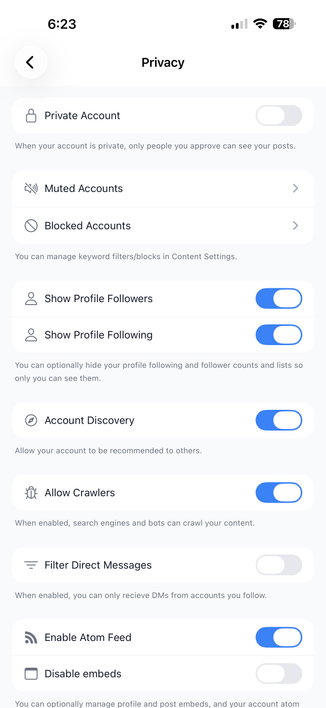 The new Pixelfed Privacy Settings, with several privacy related options
