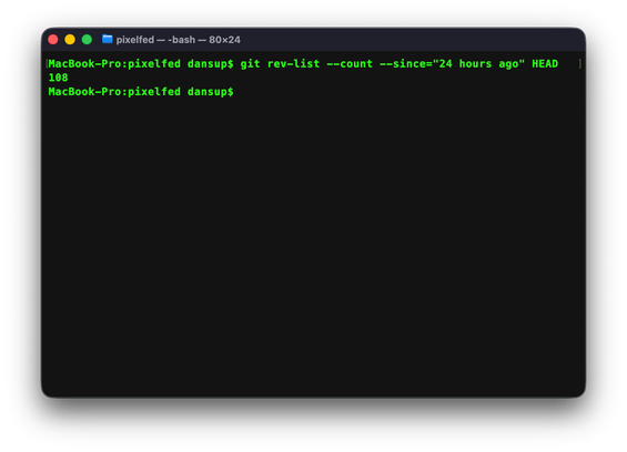 command line screenshot showing 108 commits in Pixelfed's server repo in the past 24 hours