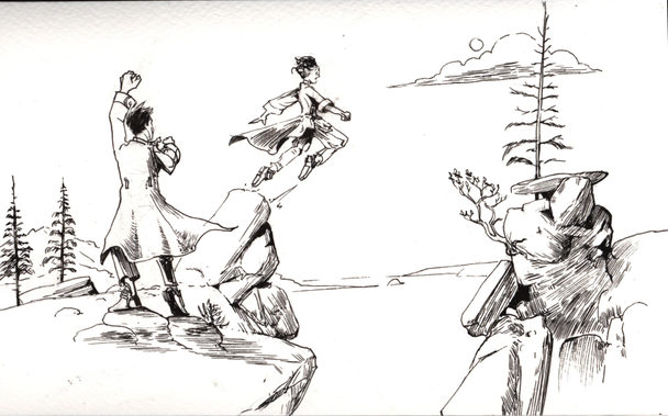 pen and ink drawing on paper. Two characters out in nature near cliffs and pine trees. One character is teaching the other how to fly using an aclehmist's jumping belt. The younger character who jumps is looking a bit panicked while the older one is cheering.
