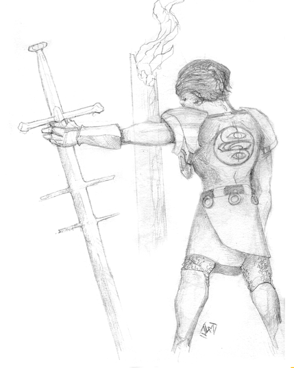 A drawing in pencil, showing an armored character from the back. He has slick black hair and his muscular left arm is outstretched, holding a huge sword by the base of the blade, point driven down into the ground (out of frame). There is a large, cryptic symbol on his back. In the distance, a tall tower is visible, with smoke and flame billowing from the top floor.