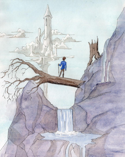A watercolor painting with ink line work, showing a character in a blue coat standing on a fallen tree trunk, bridging a gap over a narrow waterfall. He faces away from the viewer, and in the distance, the clouds have taken the shape of a castle floating in the sky.
