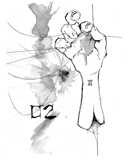 A rough ink drawing, showing a hand and upper forearm severed half way to the elbow (with minimal blood visible). The hand is holding a single taut thread, and other slack threads hang off the fingers in various directions. There is also a thread extending downward from the forearm, which appears to be unraveling. There is a splotchy mess of ink stains next to the arm, and the number zero-two appears in the negative space.