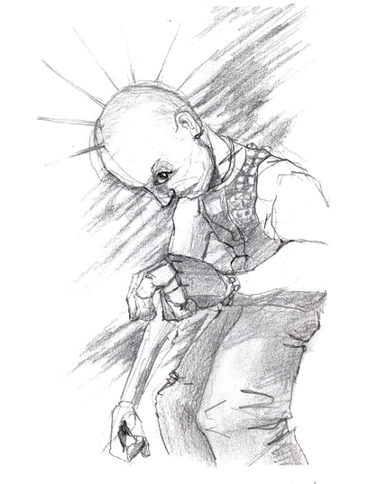A pencil drawing in a sketchbook, showing a punk with a mohawk of spikes and a leather battle vest and fingerless gloves. He leans over, with his one visible eye staring out of the frame. His left arm is reaching toward the camera at a dramatic angle.