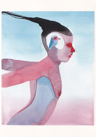 Un personnage dessiné de profil les bras tendus en arrière. On voit un oiseau à l'intérieur de sa tête.