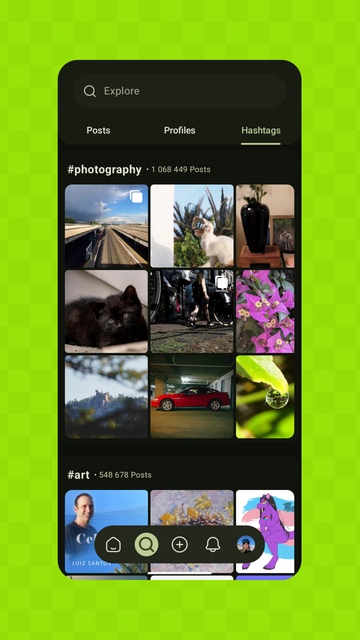 Screenshot of trending Hashtags page. Posts with hashtag photography and art