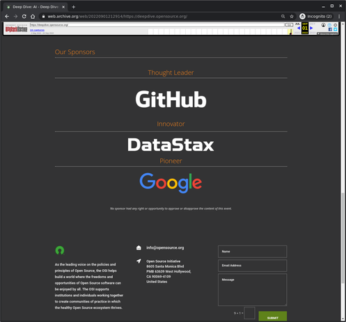 A screen shot of https://web.archive.org/web/20220901212914/https://deepdive.opensource.org/ lists Open Source Initiative sponsors for its work on LLM-gen-AI.  The top sponsor is identified as their “Thought Leader”.  The GitHub text-logo appears as the thought leader.